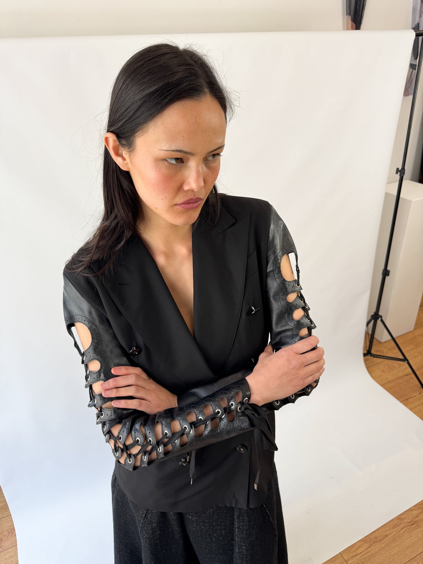Jean Paul Gaultier Double Breasted Runway Blazer with Leather Lace-Up Sleeves SS1992