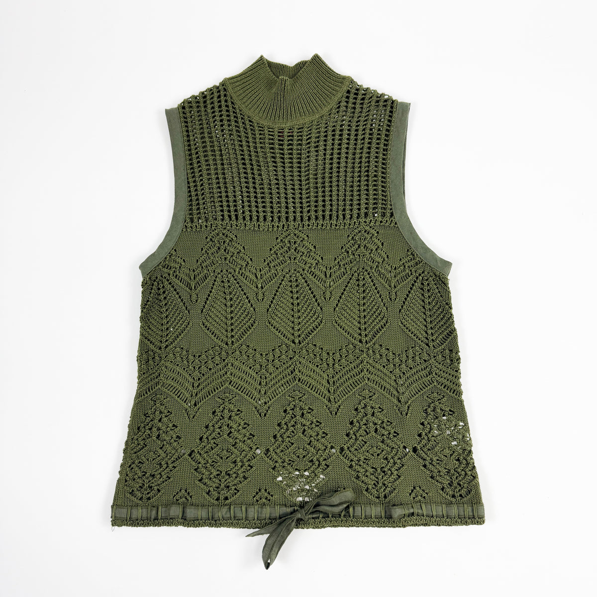 Gaultier Green Knit Top with High-Neck and Ribbon Details 1990s