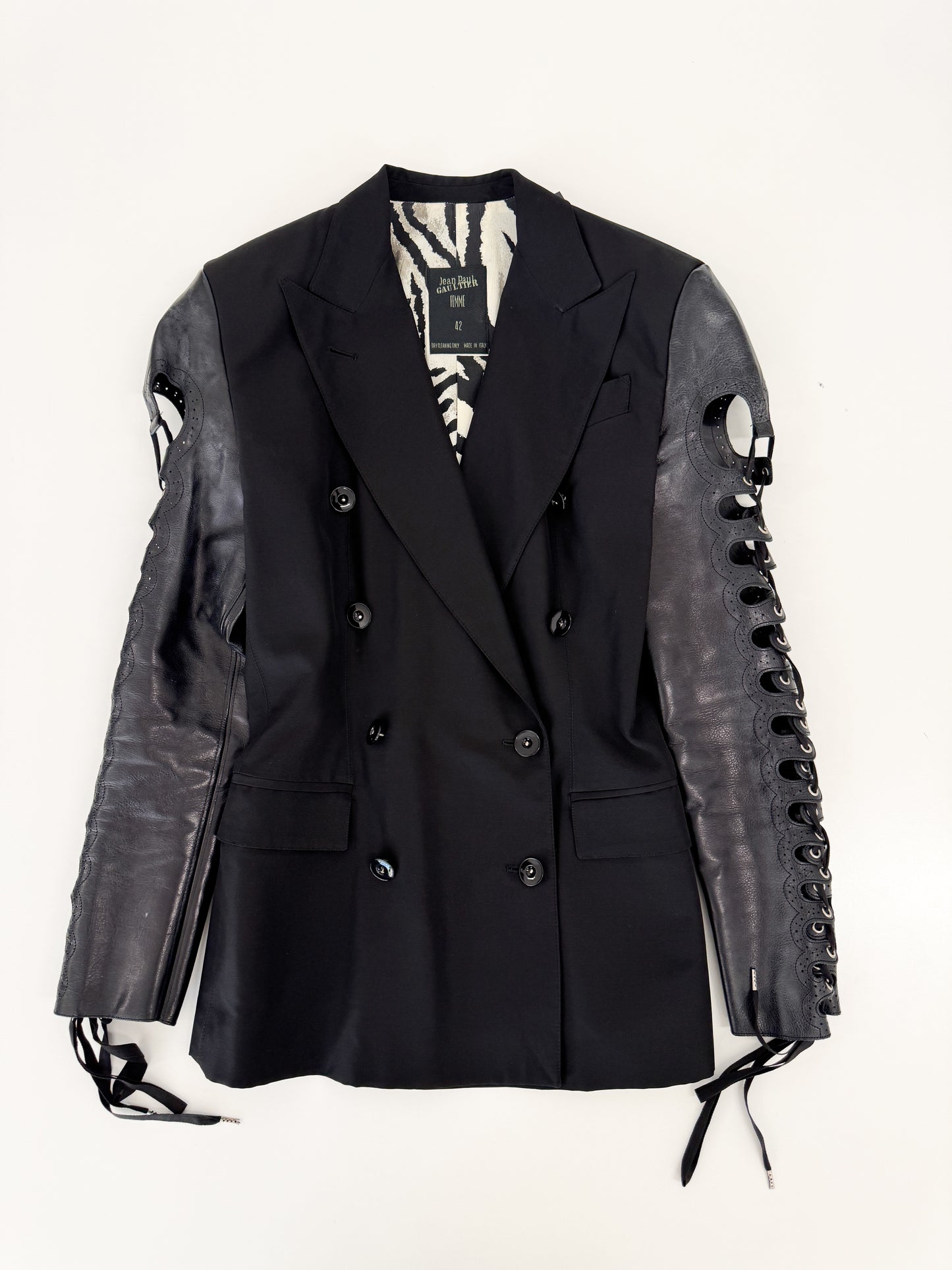 Jean Paul Gaultier Double Breasted Runway Blazer with Leather Lace-Up Sleeves SS1992