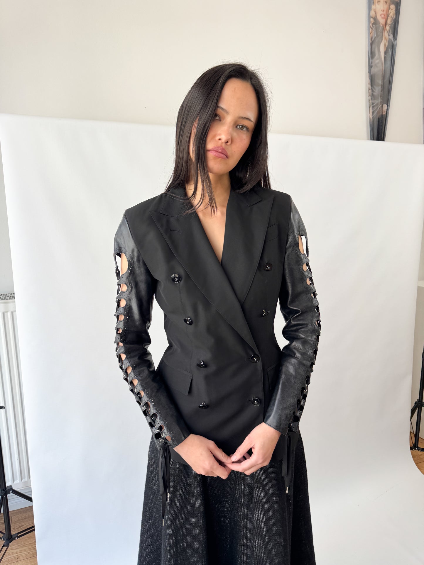Jean Paul Gaultier Double Breasted Runway Blazer with Leather Lace-Up Sleeves SS1992