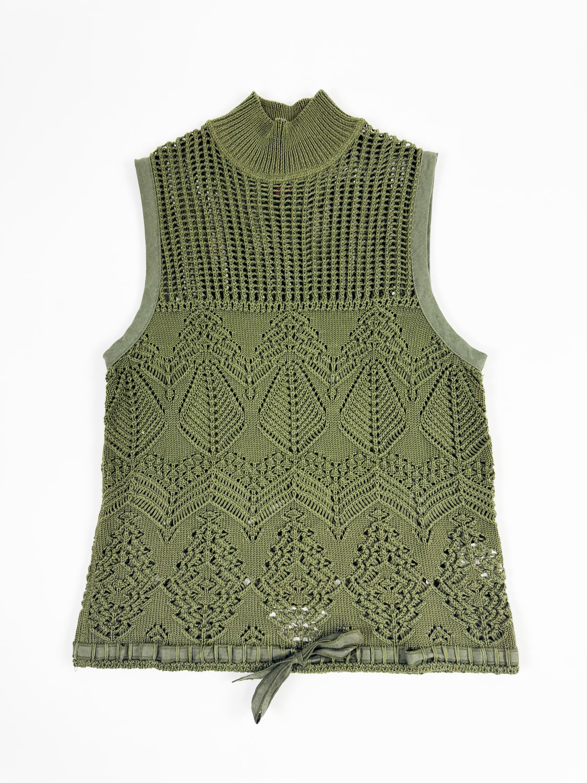 Gaultier Green Knit Top with High-Neck and Ribbon Details 1990s