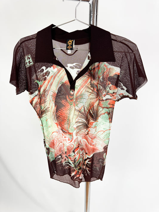 Jean Paul Gaultier Koi Print Mesh Polo Shirt SS2002