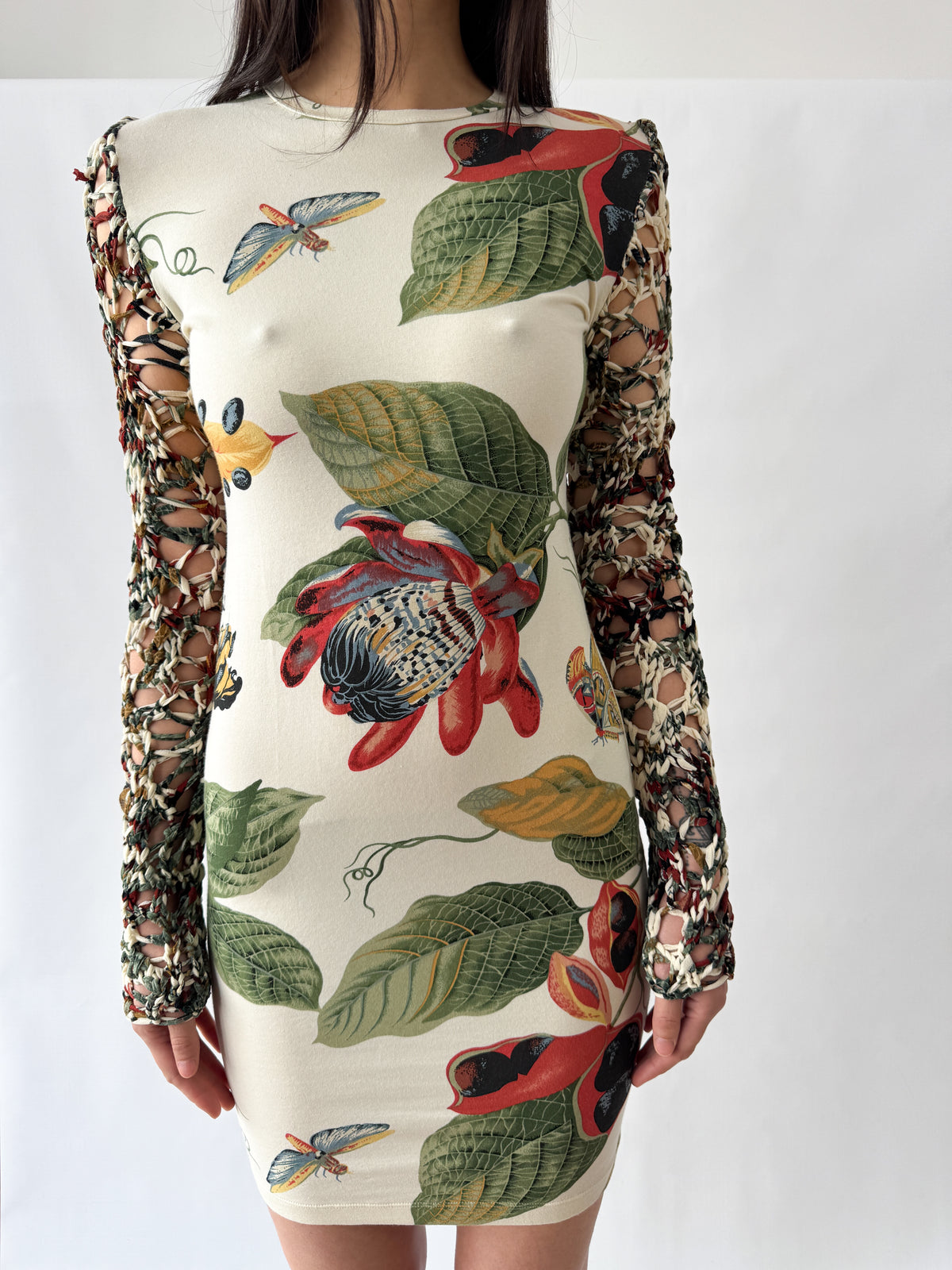 Jean Paul Gaultier Botanical Print Dress with Knit Sleeves SS1993