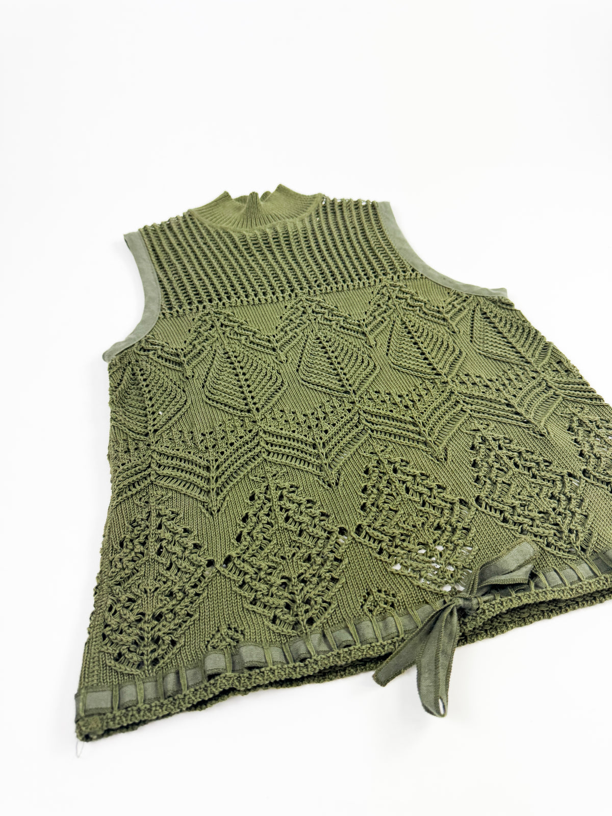 Gaultier Green Knit Top with High-Neck and Ribbon Details 1990s