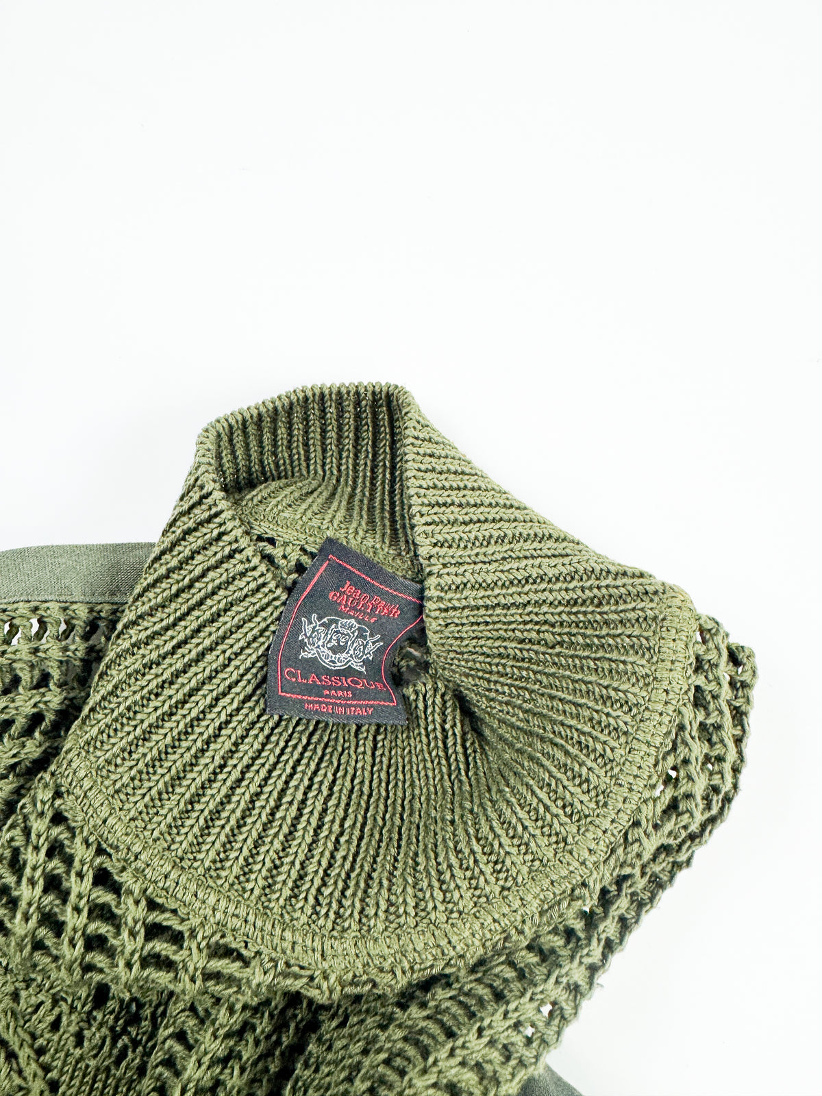 Gaultier Green Knit Top with High-Neck and Ribbon Details 1990s