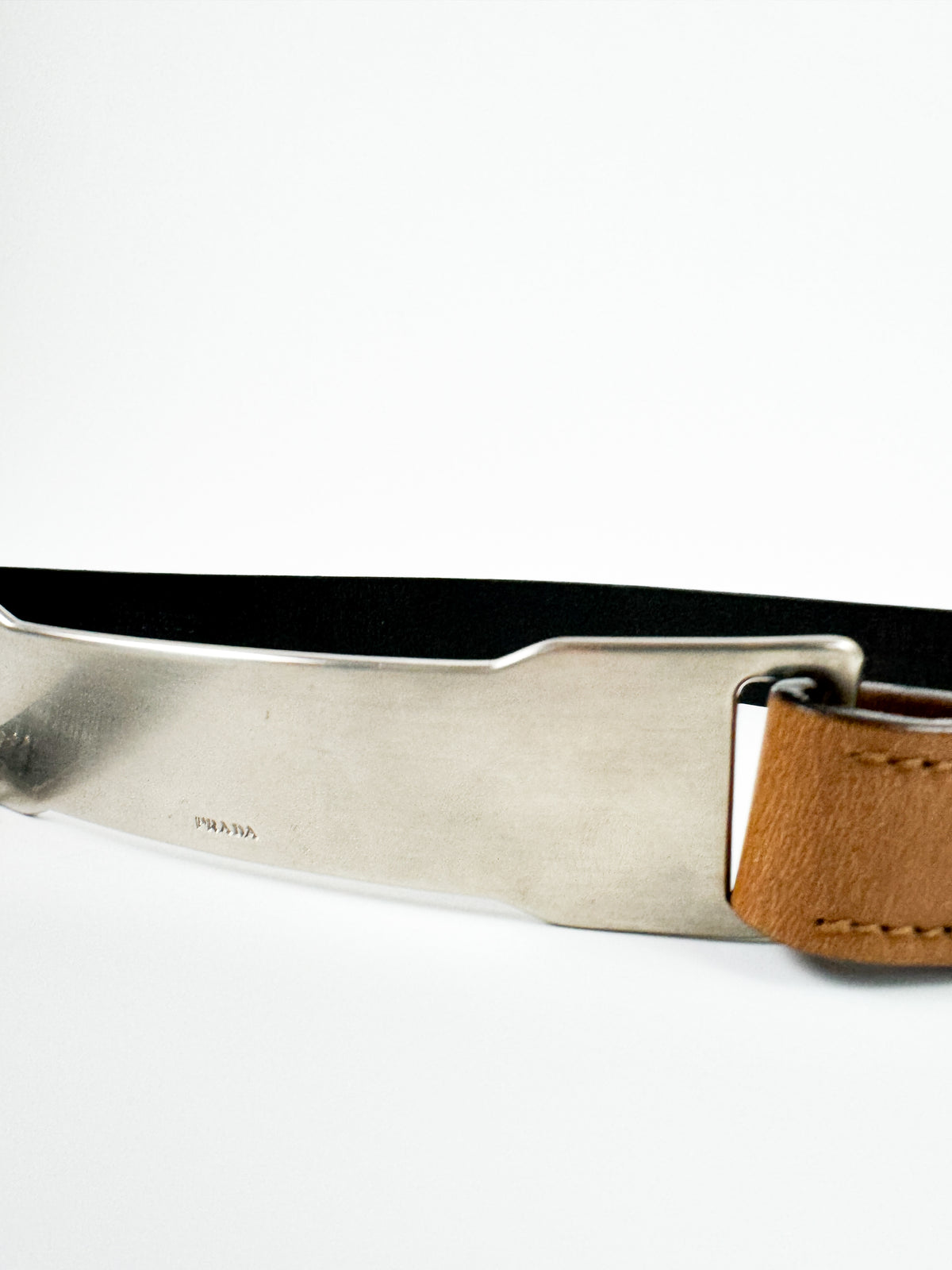 Prada Brown Waist Belt with Elongated Silver Metal Buckle FW1999