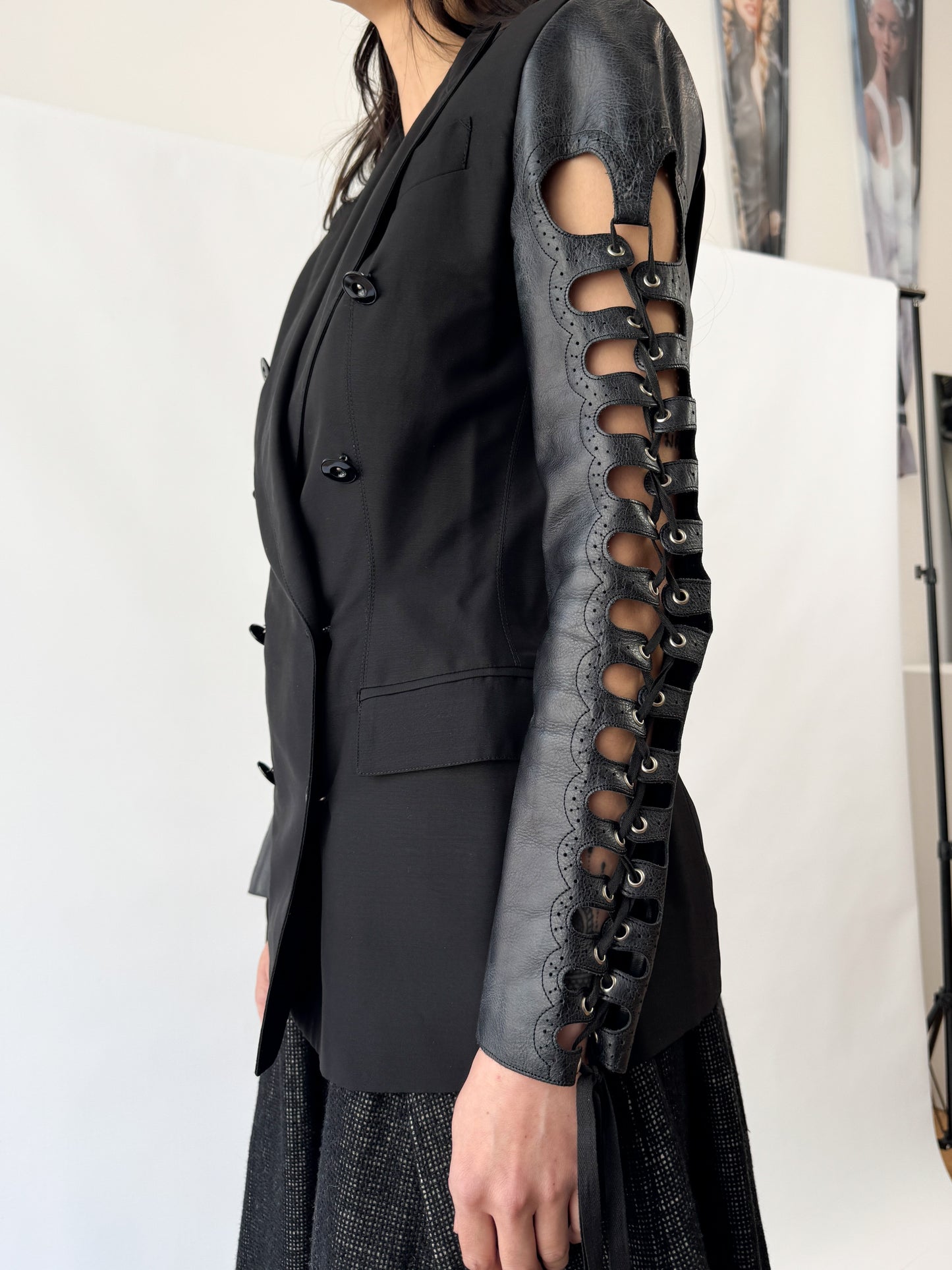 Jean Paul Gaultier Double Breasted Runway Blazer with Leather Lace-Up Sleeves SS1992