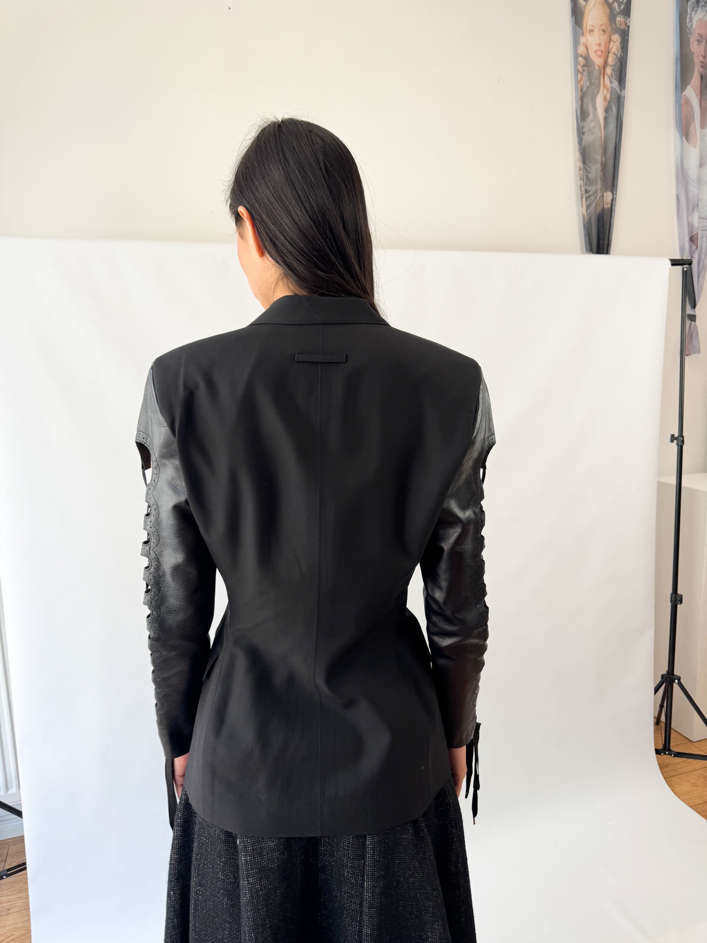 Jean Paul Gaultier Double Breasted Runway Blazer with Leather Lace-Up Sleeves SS1992