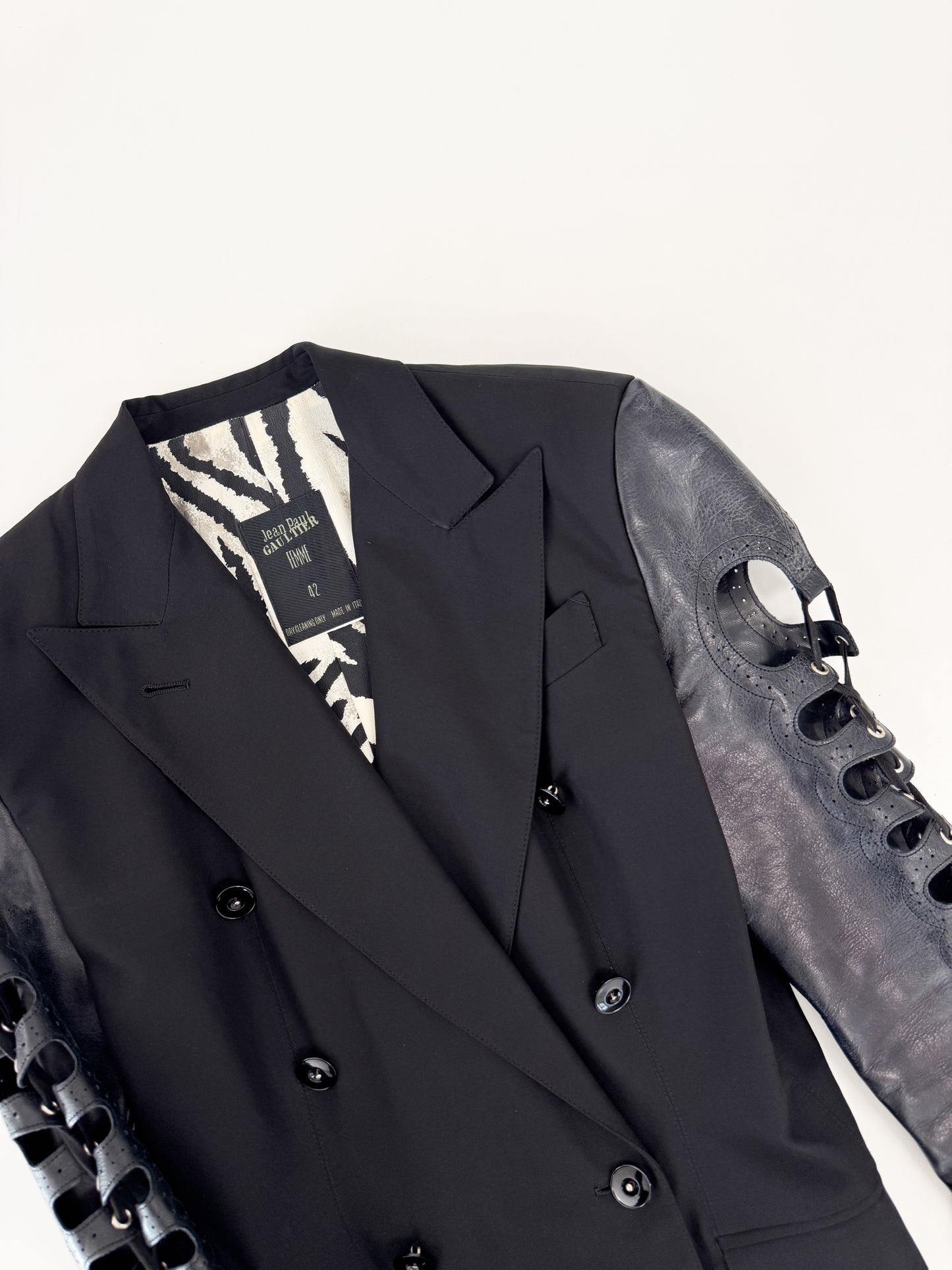 Jean Paul Gaultier Double Breasted Runway Blazer with Leather Lace-Up Sleeves SS1992