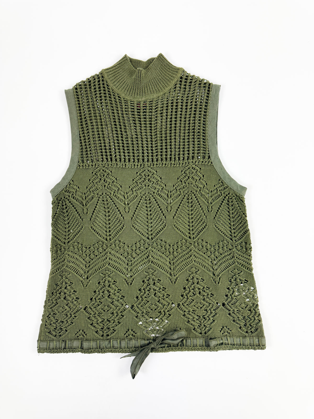 Gaultier Green Knit Top with High-Neck and Ribbon Details 1990s