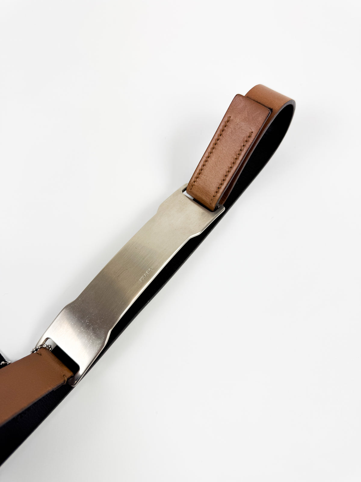 Prada Brown Waist Belt with Elongated Silver Metal Buckle FW1999