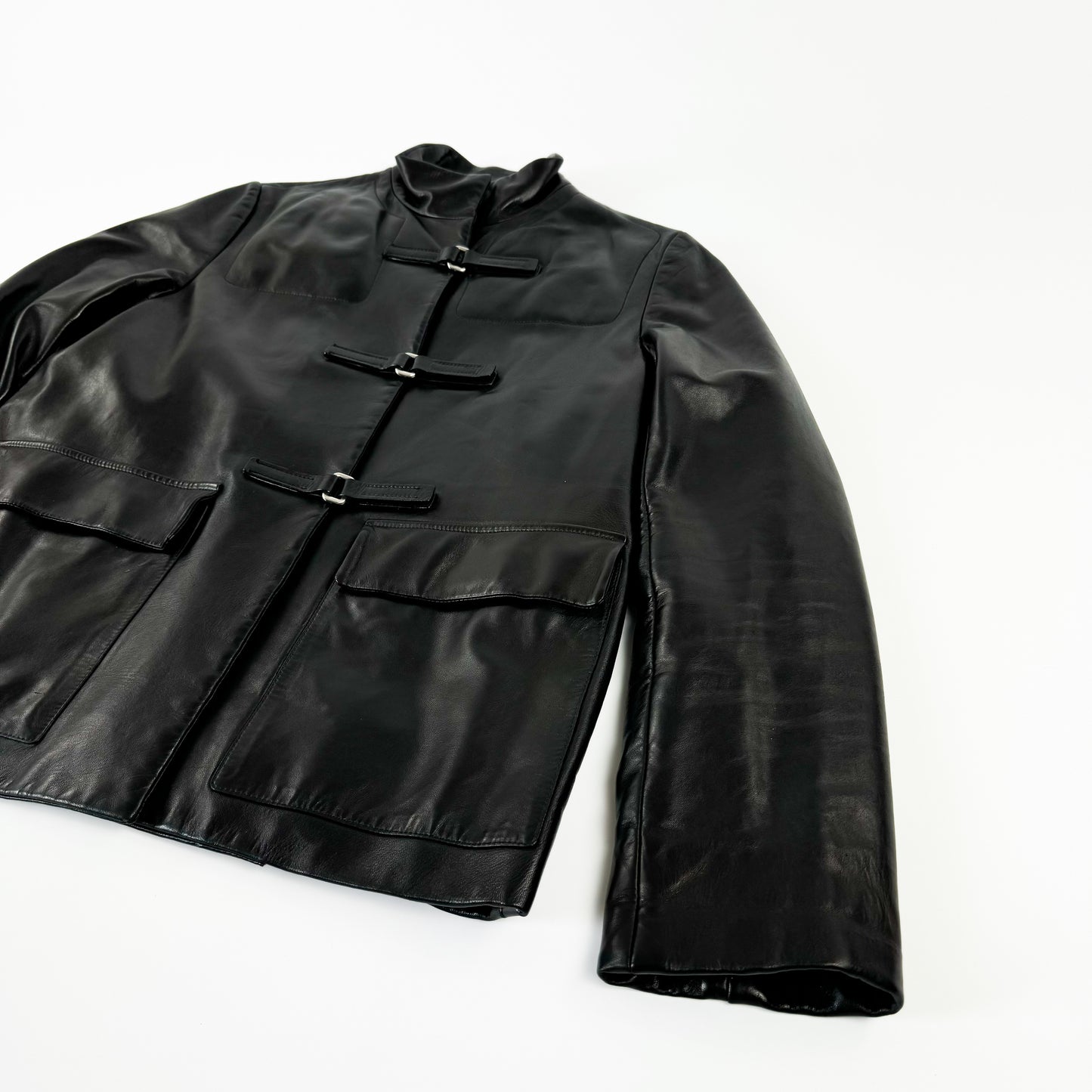 Prada Black Velcro Buckle Leather Jacket FW1999