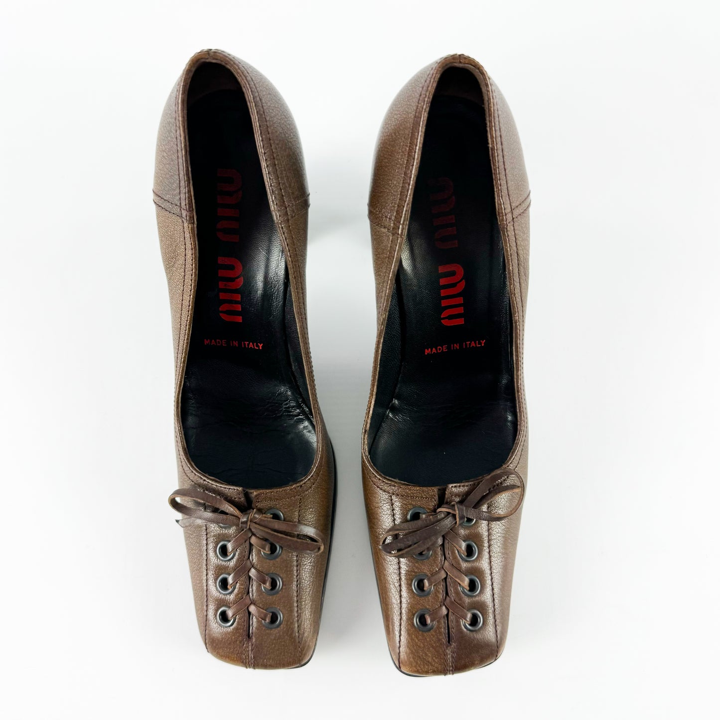 Miu Miu Lace Up Square Toe Heels