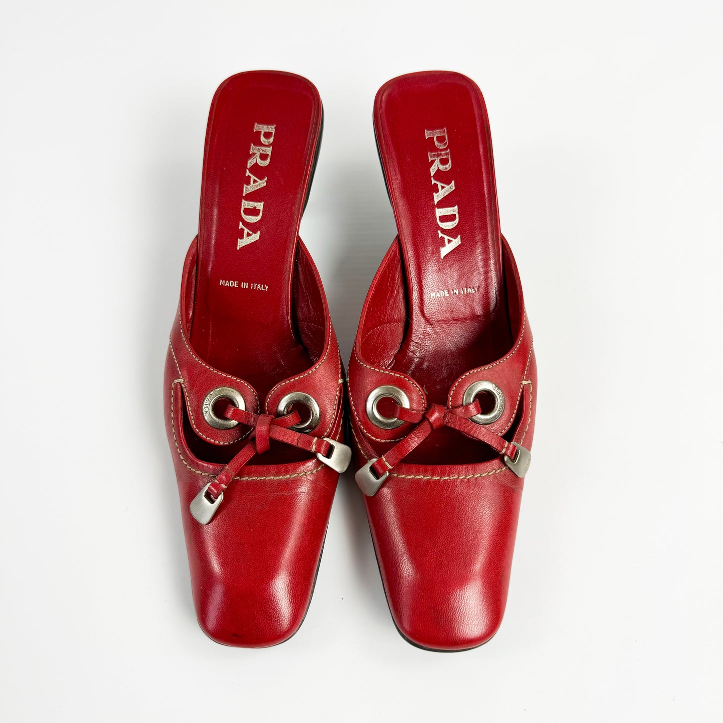 Prada Red Leather Bow Kitten Heels