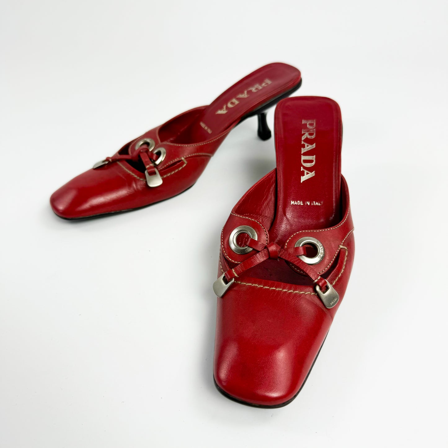 Prada Red Leather Bow Kitten Heels