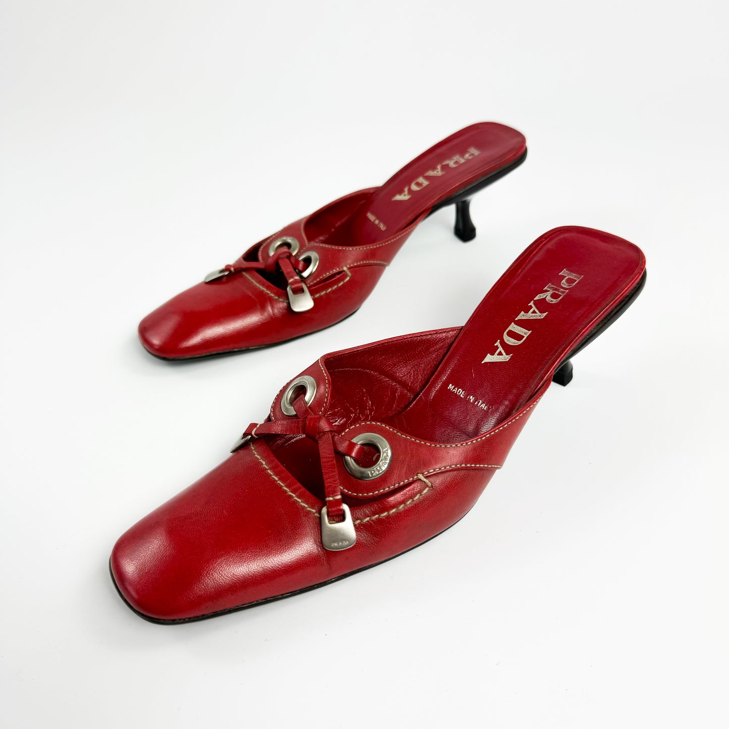 Prada Red Leather Bow Kitten Heels