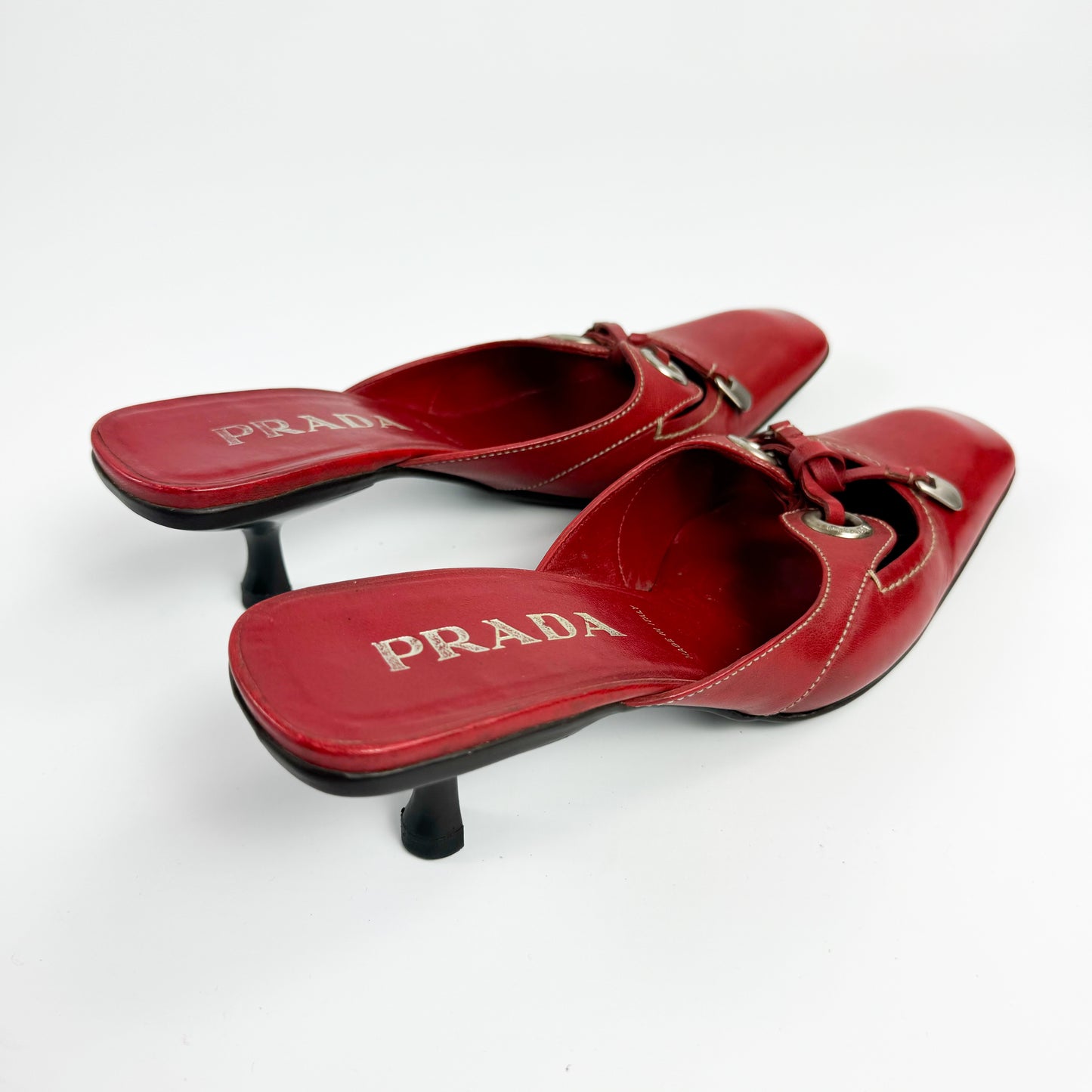 Prada Red Leather Bow Kitten Heels