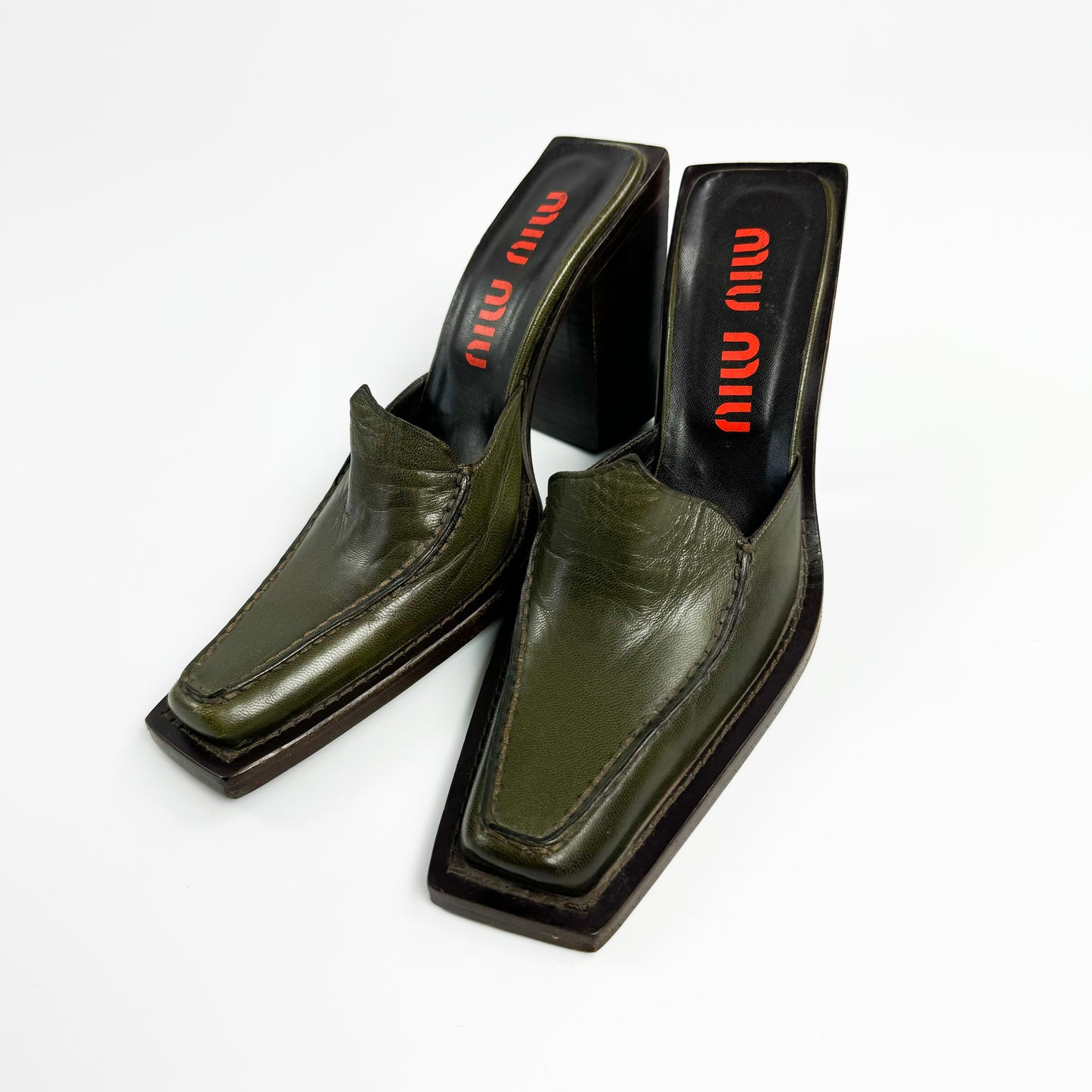 Miu Miu Elongated Square Toe Leather Clogs 1990s