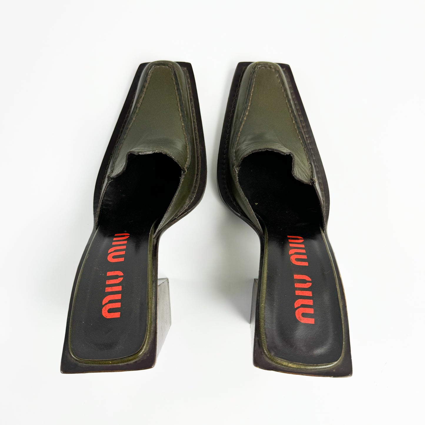 Miu Miu Elongated Square Toe Leather Clogs 1990s