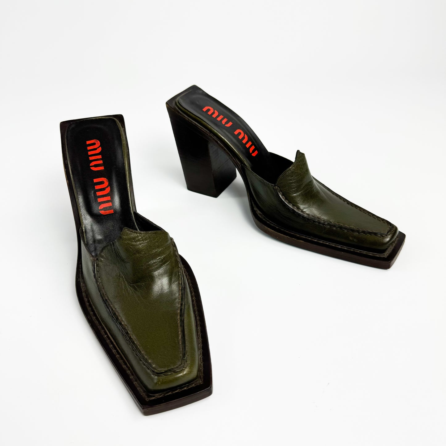 Miu Miu Elongated Square Toe Leather Clogs 1990s