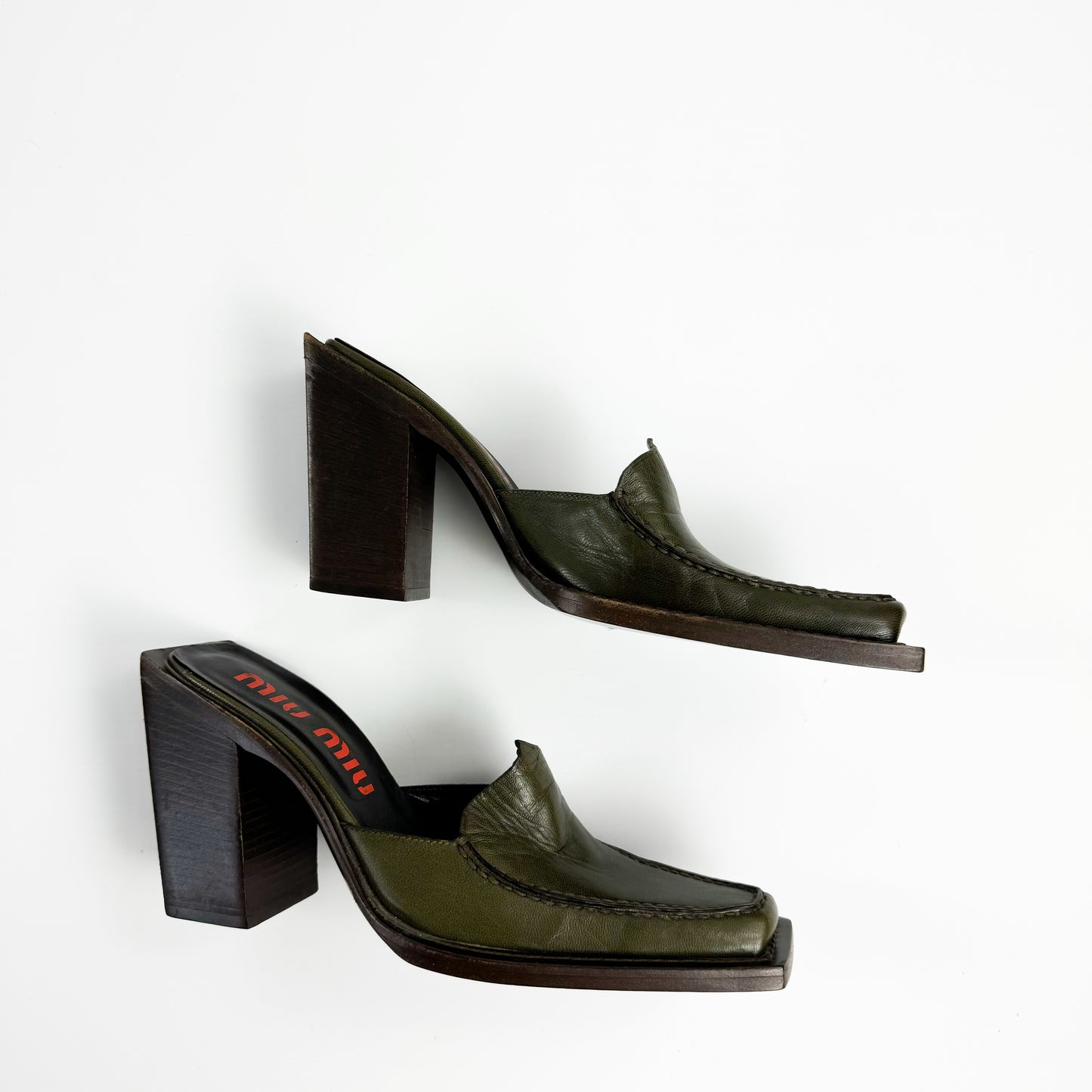 Miu Miu Elongated Square Toe Leather Clogs 1990s